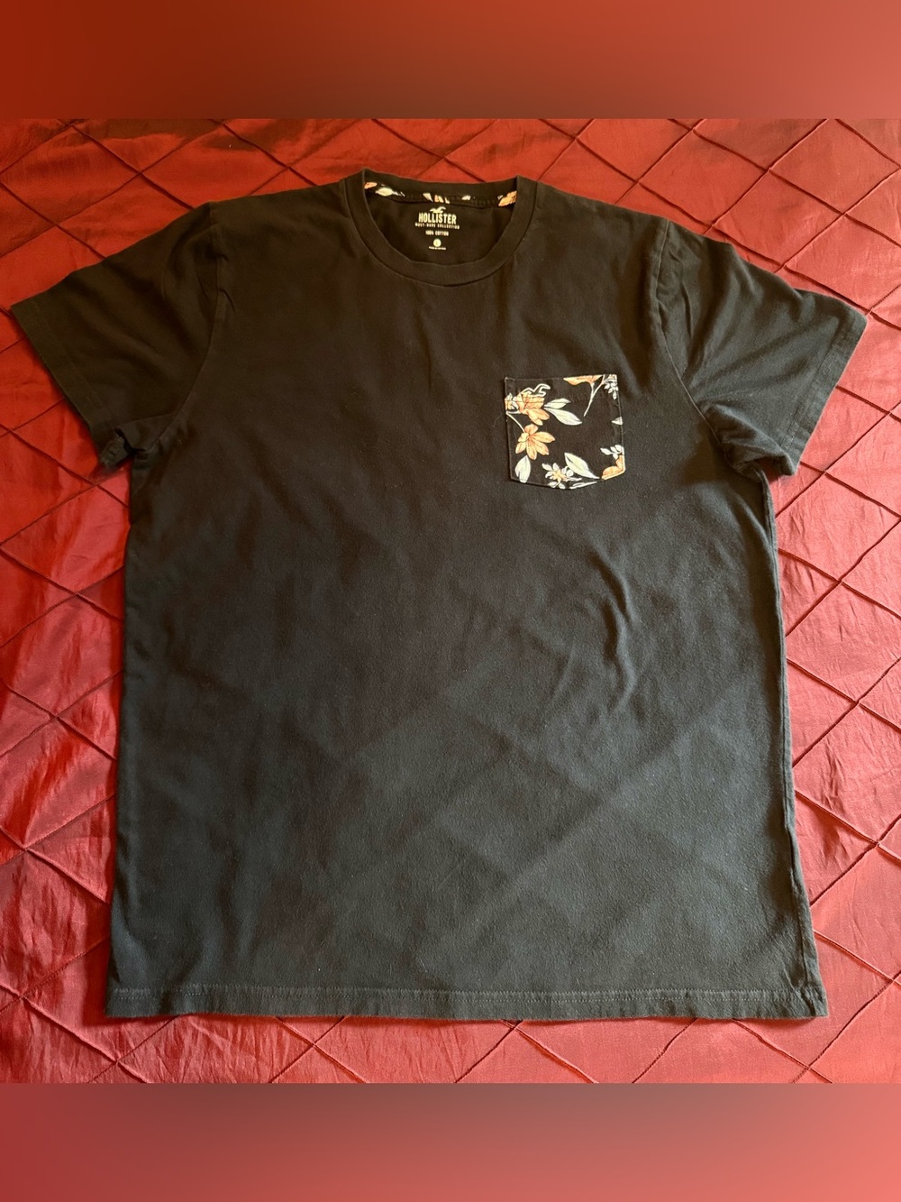 EIC Hollister Black Short-Sleeve Tee with Floral Chest Pocket - Size L